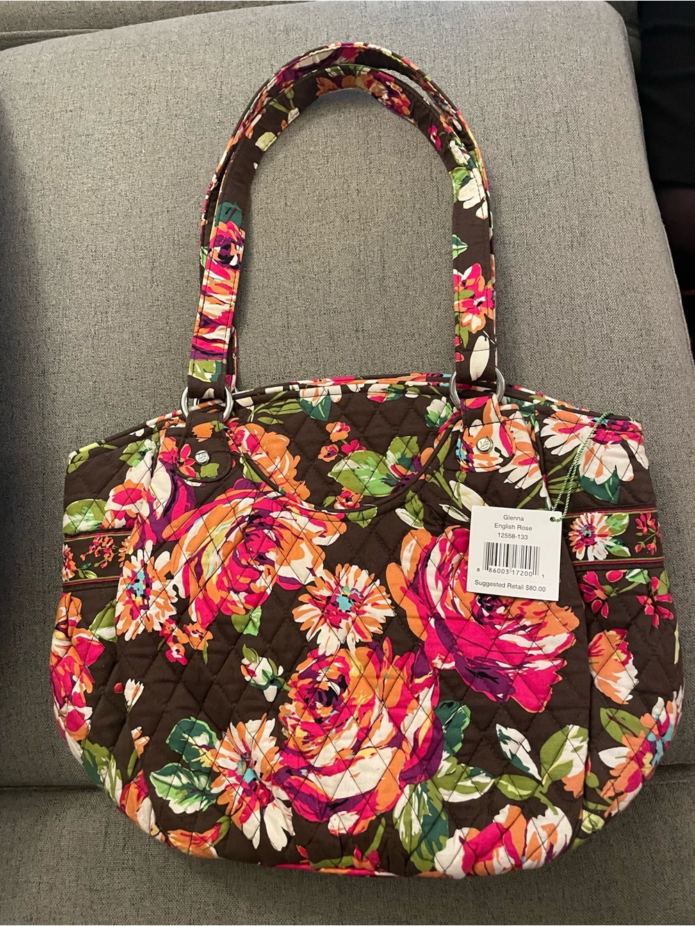 Vera Bradley Quilted Floral Tote in Brown with Pink & Orange Accents